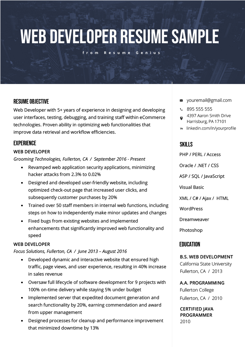 Web Developer Resume: Sample & Writing Tips  Resume Genius Within Web Designer Job Description Template