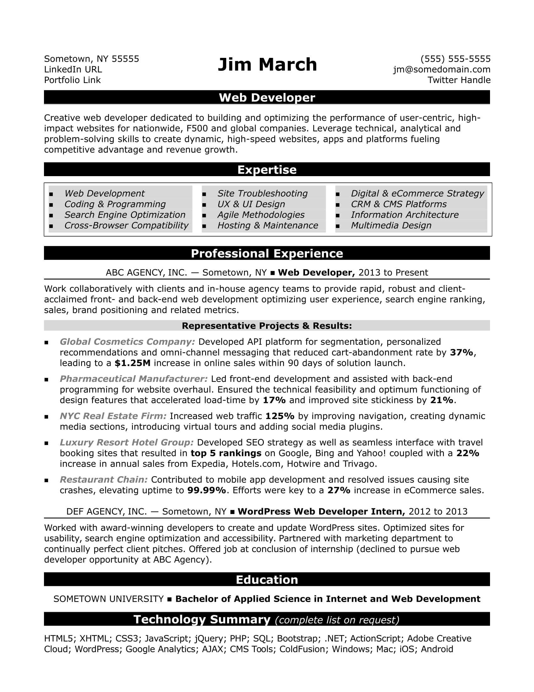 Web Developer Resume Sample  Monster