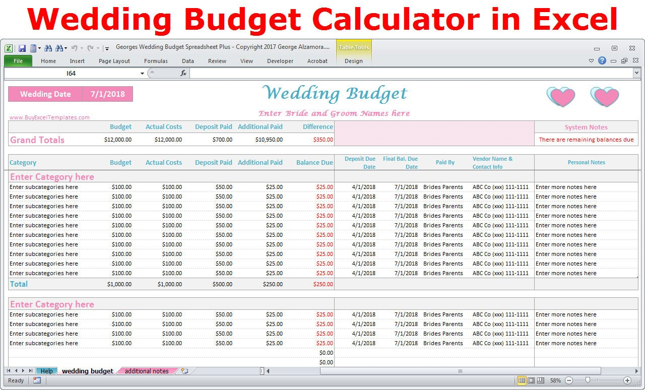 Wedding Budget Cost Calculator Excel Spreadsheet Template - Wedding On A  Budget Planner Excel Wedding Expenses Worksheet - Digital Download Pertaining To Wedding Budget Checklist Template Pertaining To Wedding Budget Checklist Template