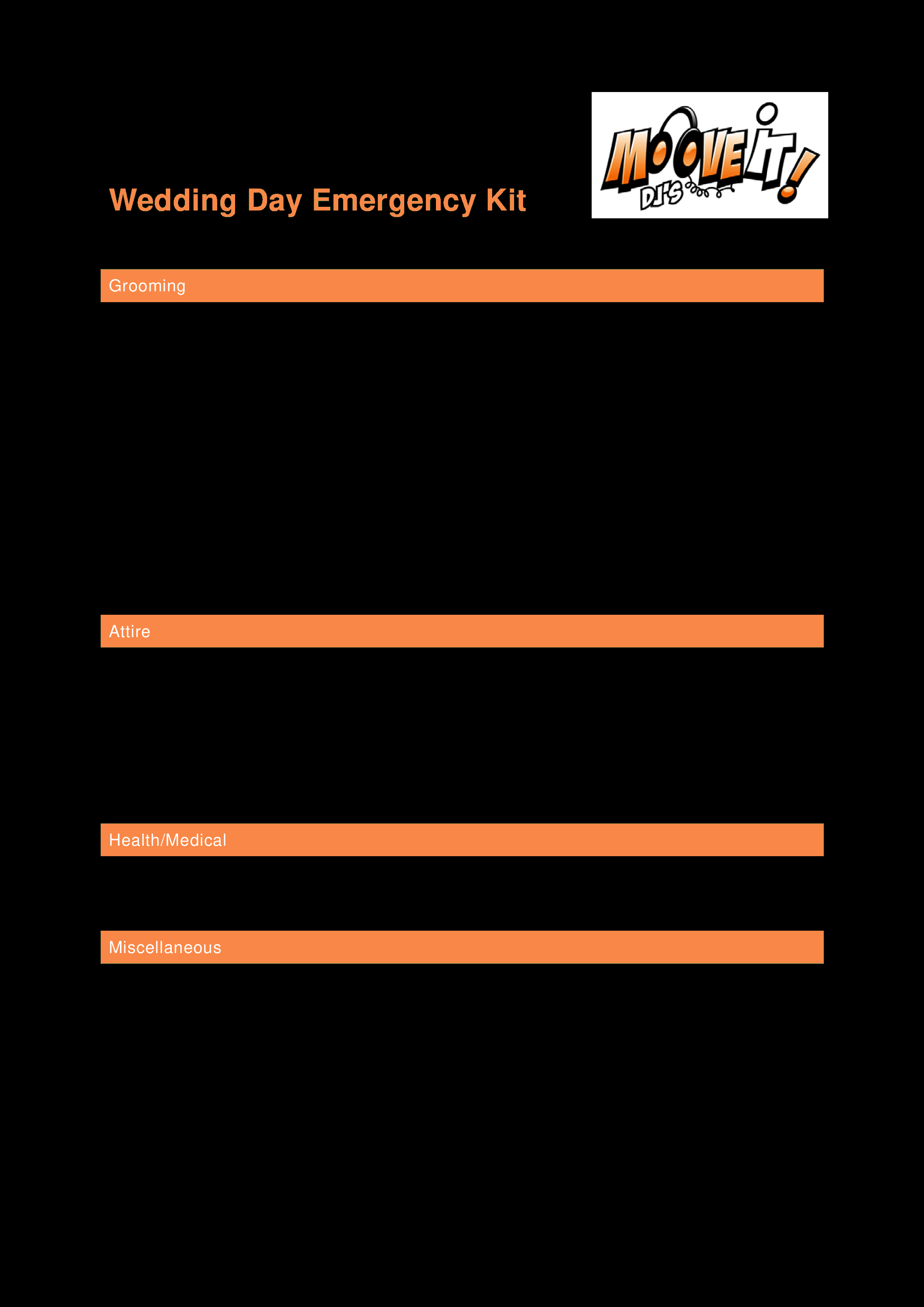 免费Wedding Day Emergency Checklist  样本文件在  Intended For Emergency Checklist Template Within Emergency Checklist Template