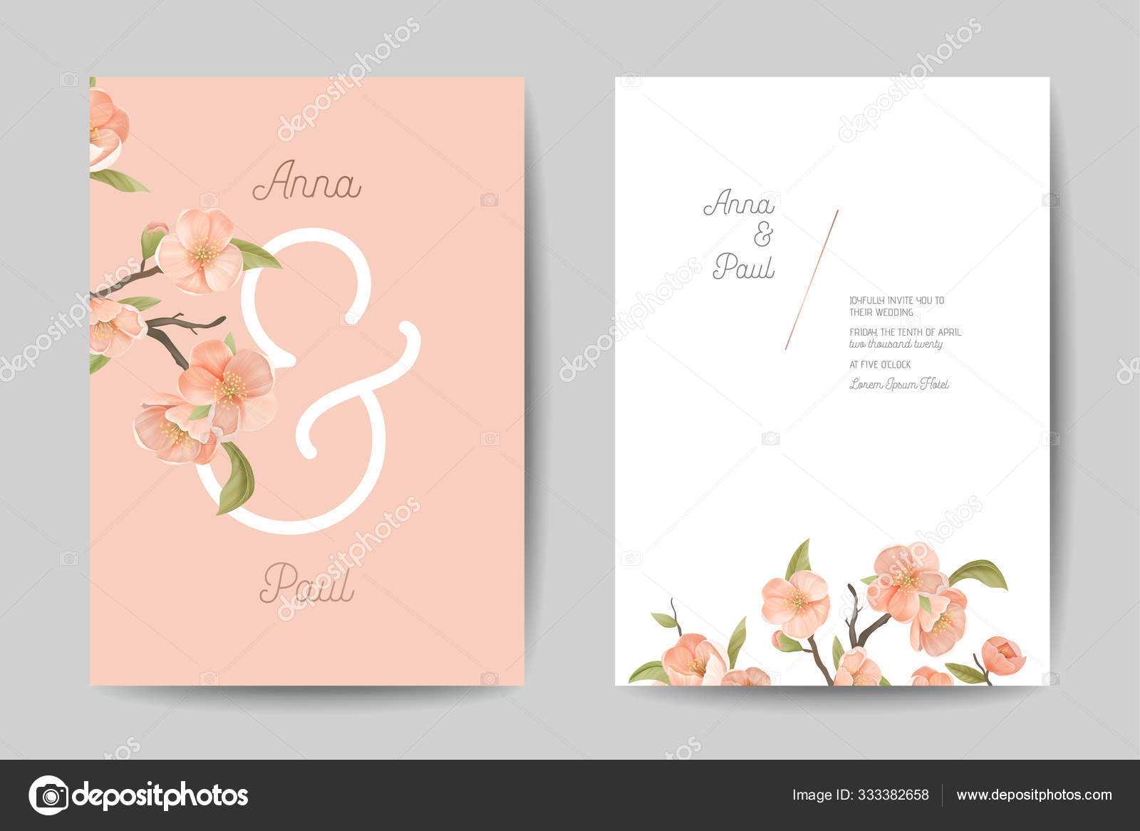 Wedding Invitation. Floral Cute Cards Front and Back Side Design Set Inside Wedding Invitation Flyer Template