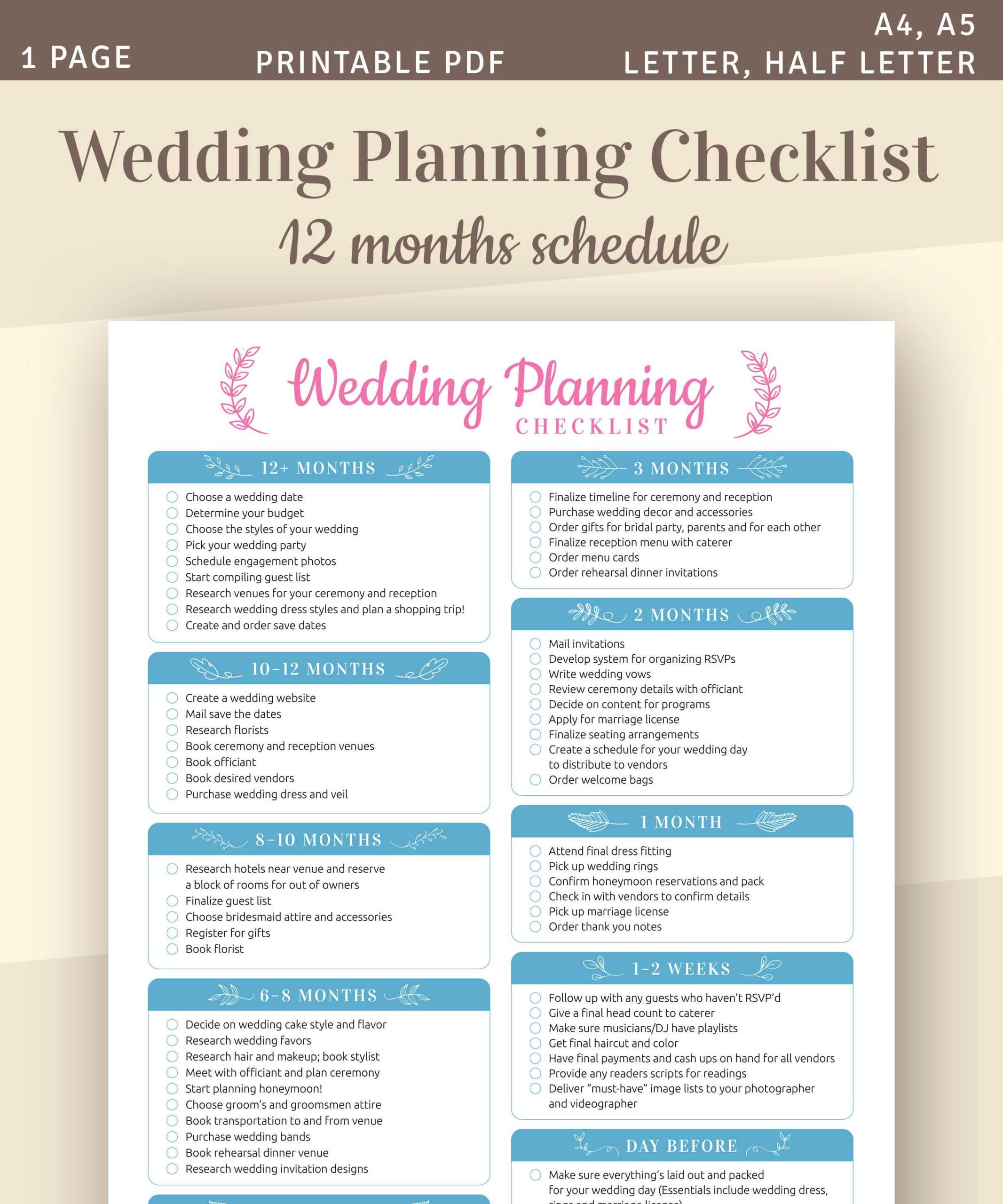 Wedding Planning Checklist, Printable Wedding Template, A10, A10, Letter,  Half Letter, Instant Download Throughout Wedding Day Checklist Template Intended For Wedding Day Checklist Template