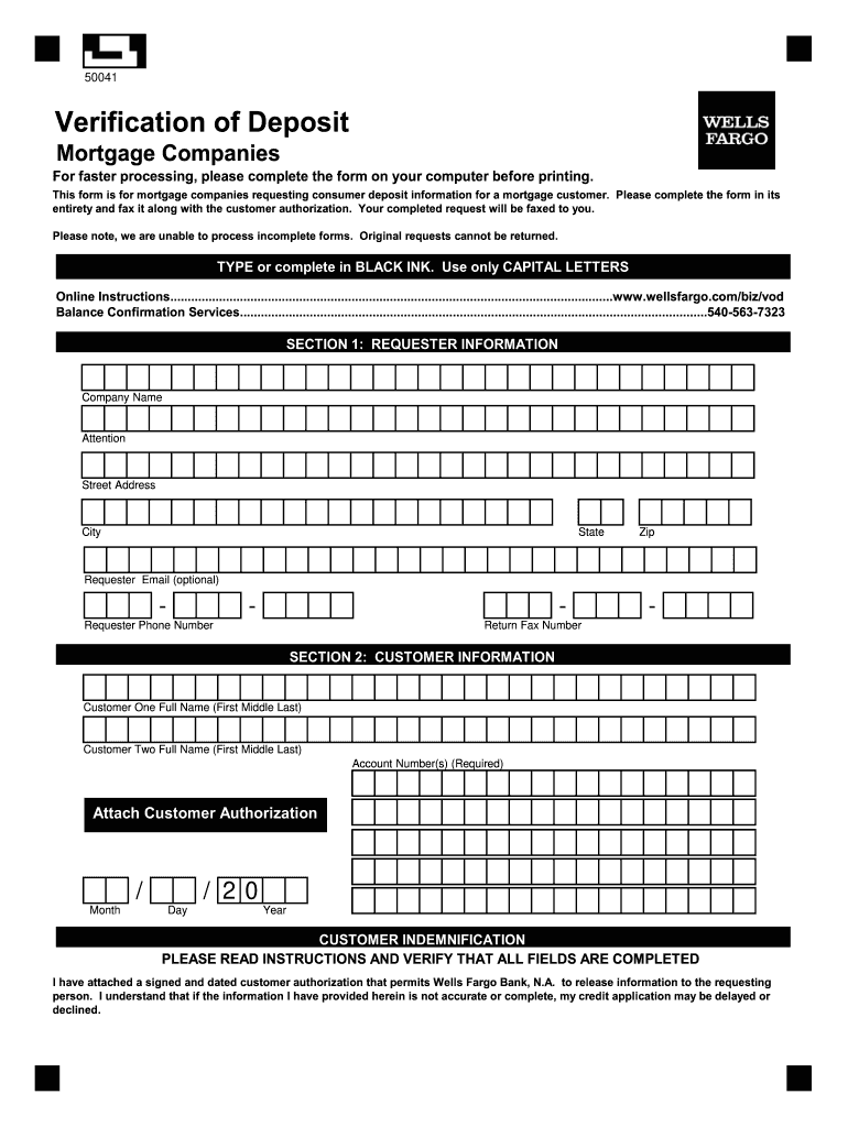 Wells Fargo Verification Of Deposit Form - Fill Online, Printable,  Fillable, Blank  pdfFiller Intended For Verification Of Deposit Form Template Inside Verification Of Deposit Form Template