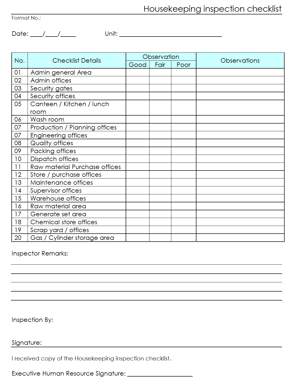 Housekeeping Inspection Checklist Template Tasbih armstrongdavis
