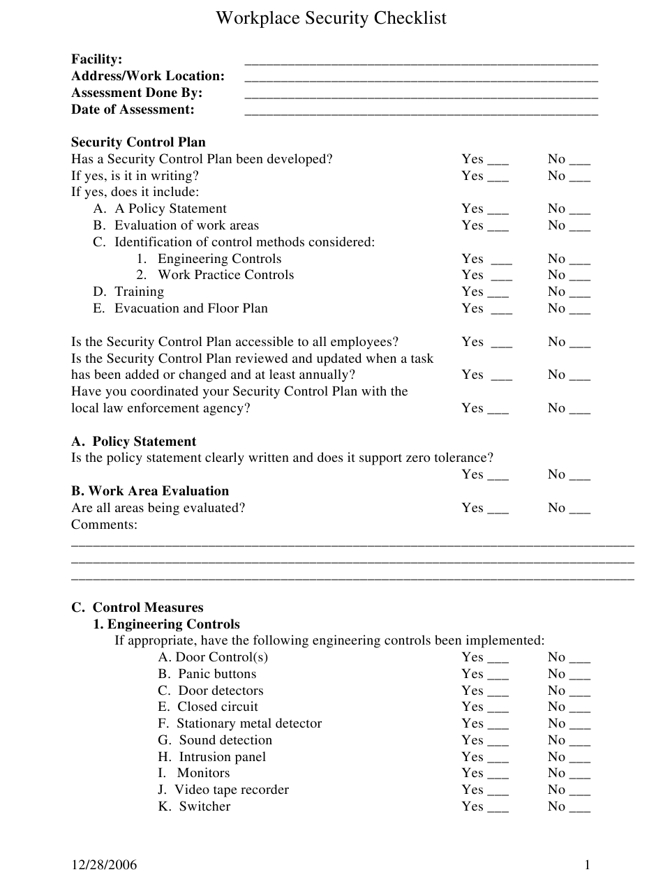 Workplace Security Checklist Template Download Printable PDF  Inside Building Security Checklist Template With Regard To Building Security Checklist Template