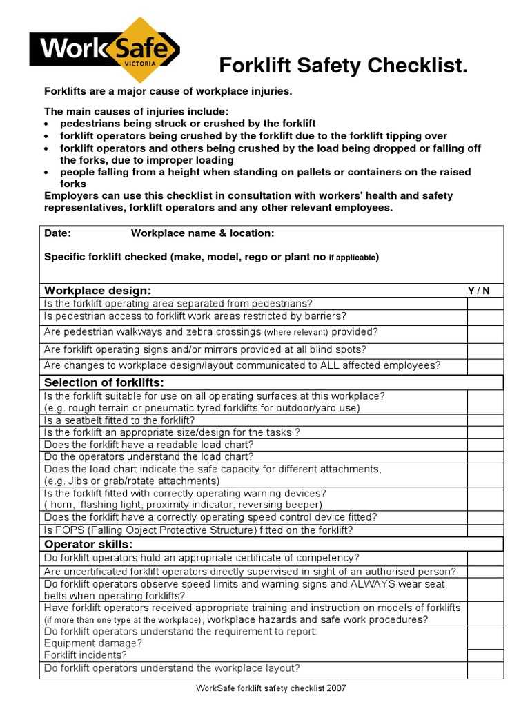 WorkSafe- Forklift Checklist  Forklift  Occupational Safety And  Regarding Forklift Safety Checklist Template Regarding Forklift Safety Checklist Template